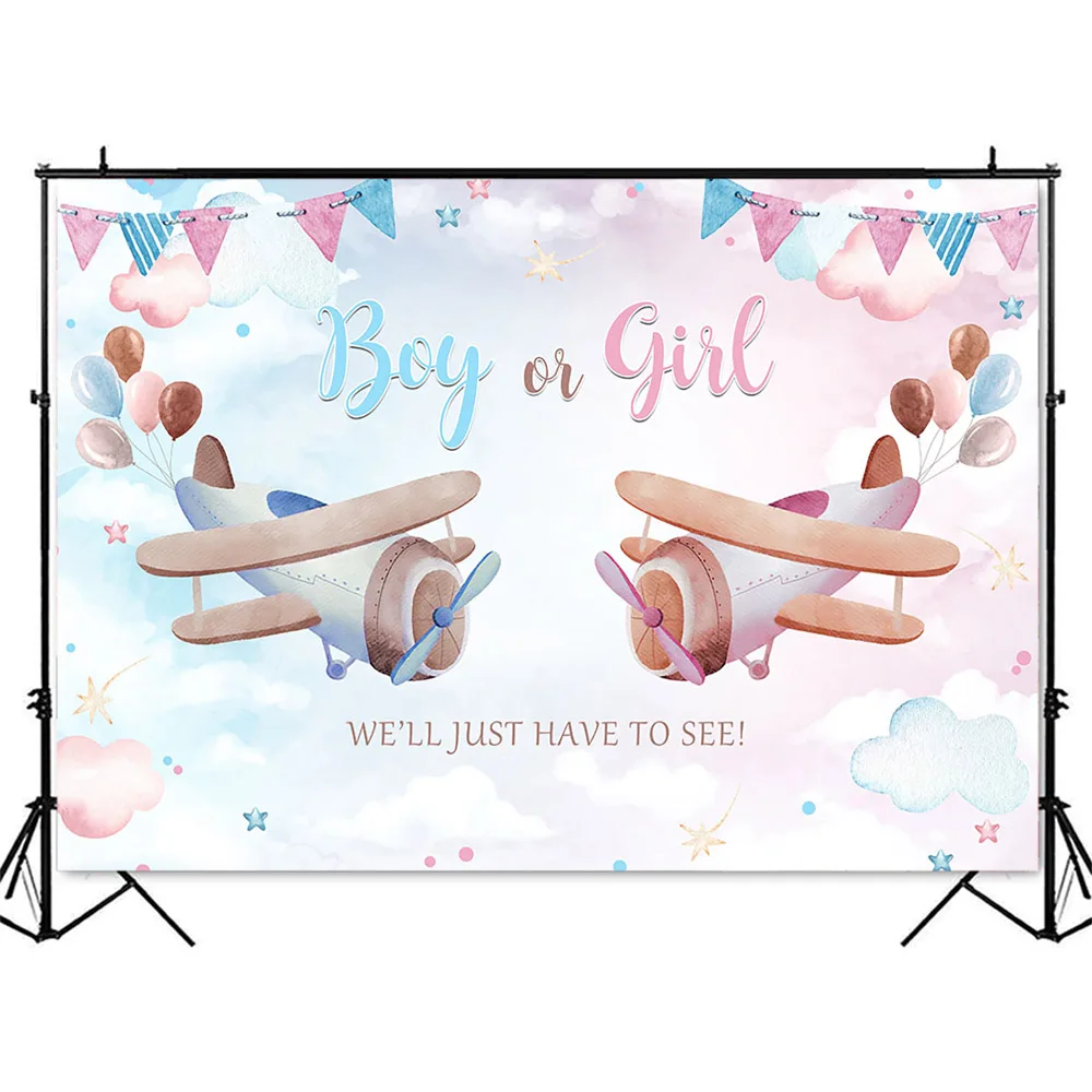 Airplane Gender Reveal Backdrop Boy Or Girl Gender Reveal Party Background Pink Blue Airplane Clouds Baby Shower Theme Decor