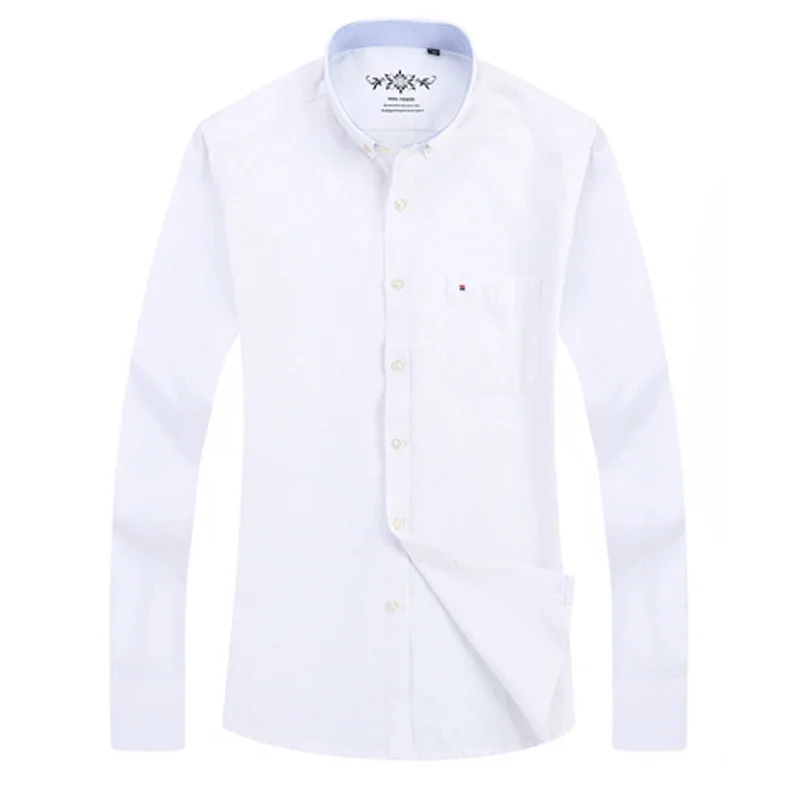 2023 moda masculina manga longa sólida oxford camisa único remendo bolso casual padrão ajuste botão-para baixo colarinho camisas