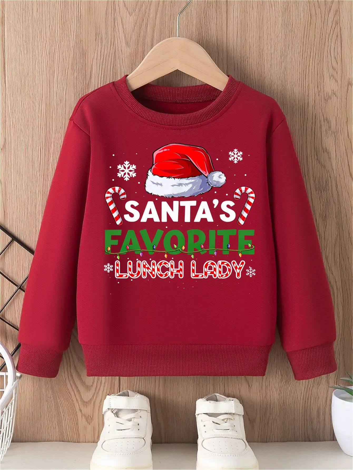 Christmas Girls' Hoodless Sweatshirt Santa Hat Candy Canes Christmas Lights SANTA'S FAVORITE LUNCH LADY Text Pattern Festive top