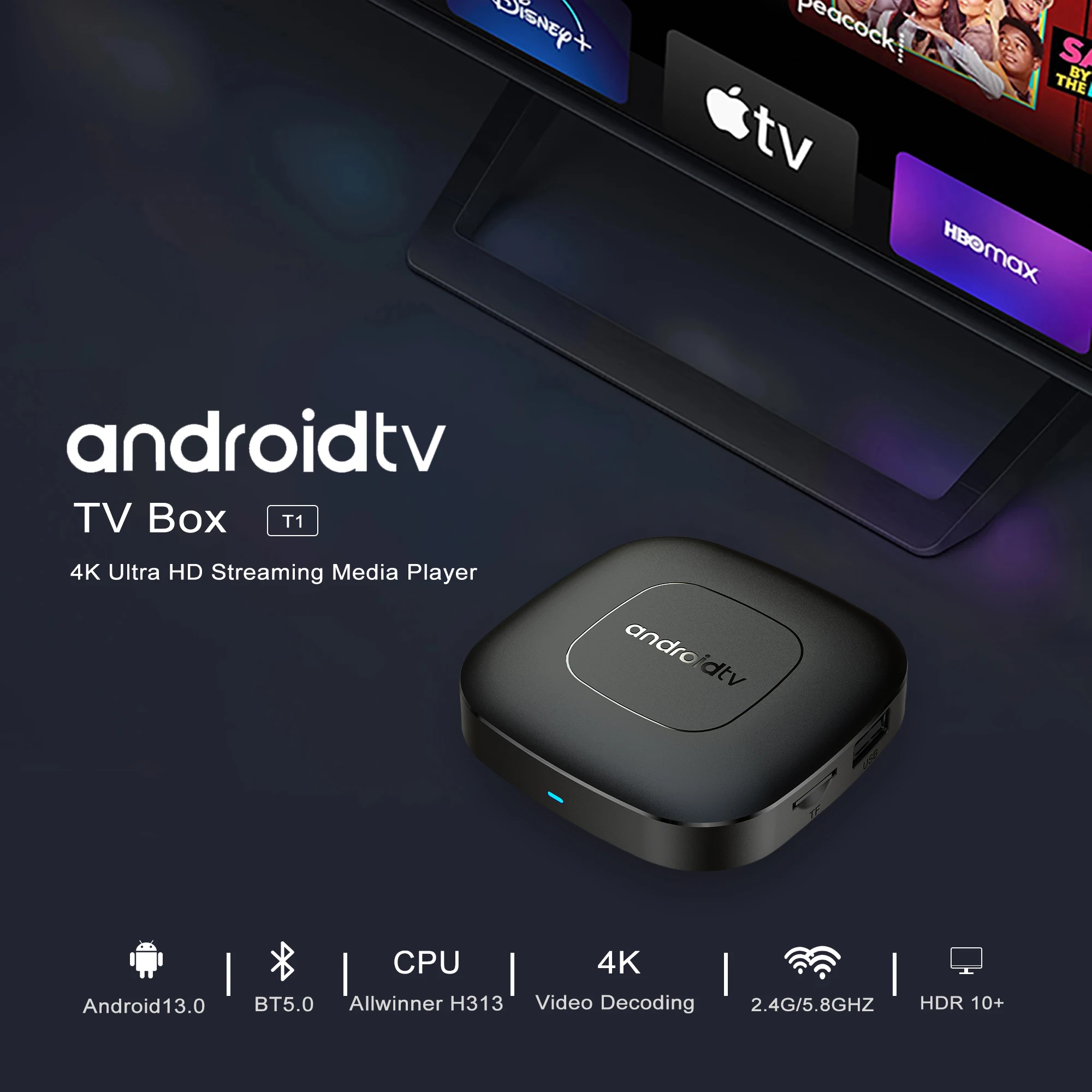 Global Version Mortal T1 Smart Streaming Media Player TV Box AllwinnerH313 Android13 2.4G&5G Wifi 4KBluetooth Google Assistant