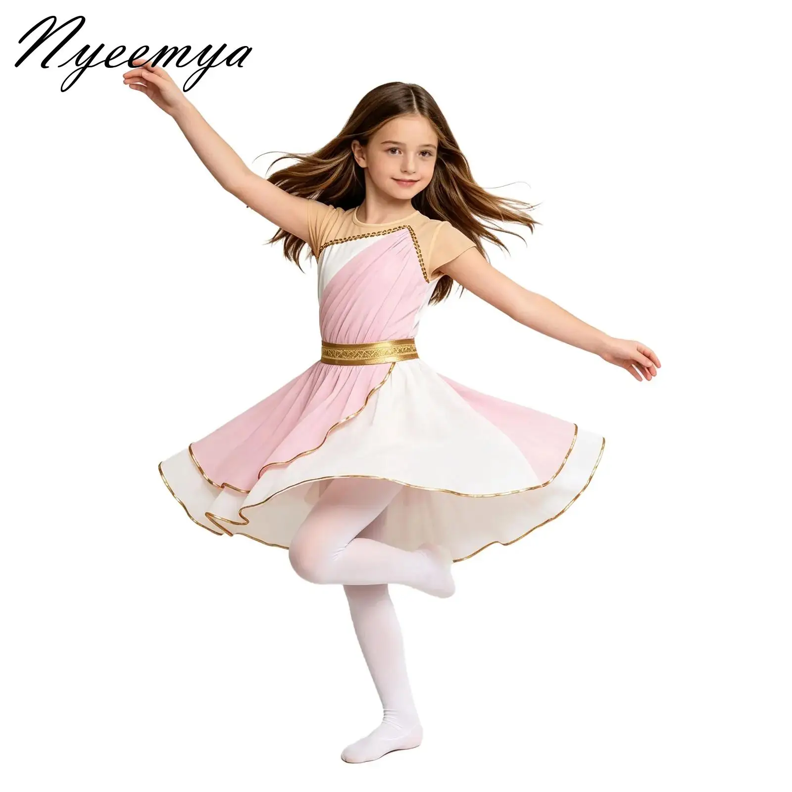 Modern Ballet Dancewear Kids Girls Ancient Greek Princess Dress Sleeveless Flowy Tulle Shawls Toga Goddesses Costume Gown Dress