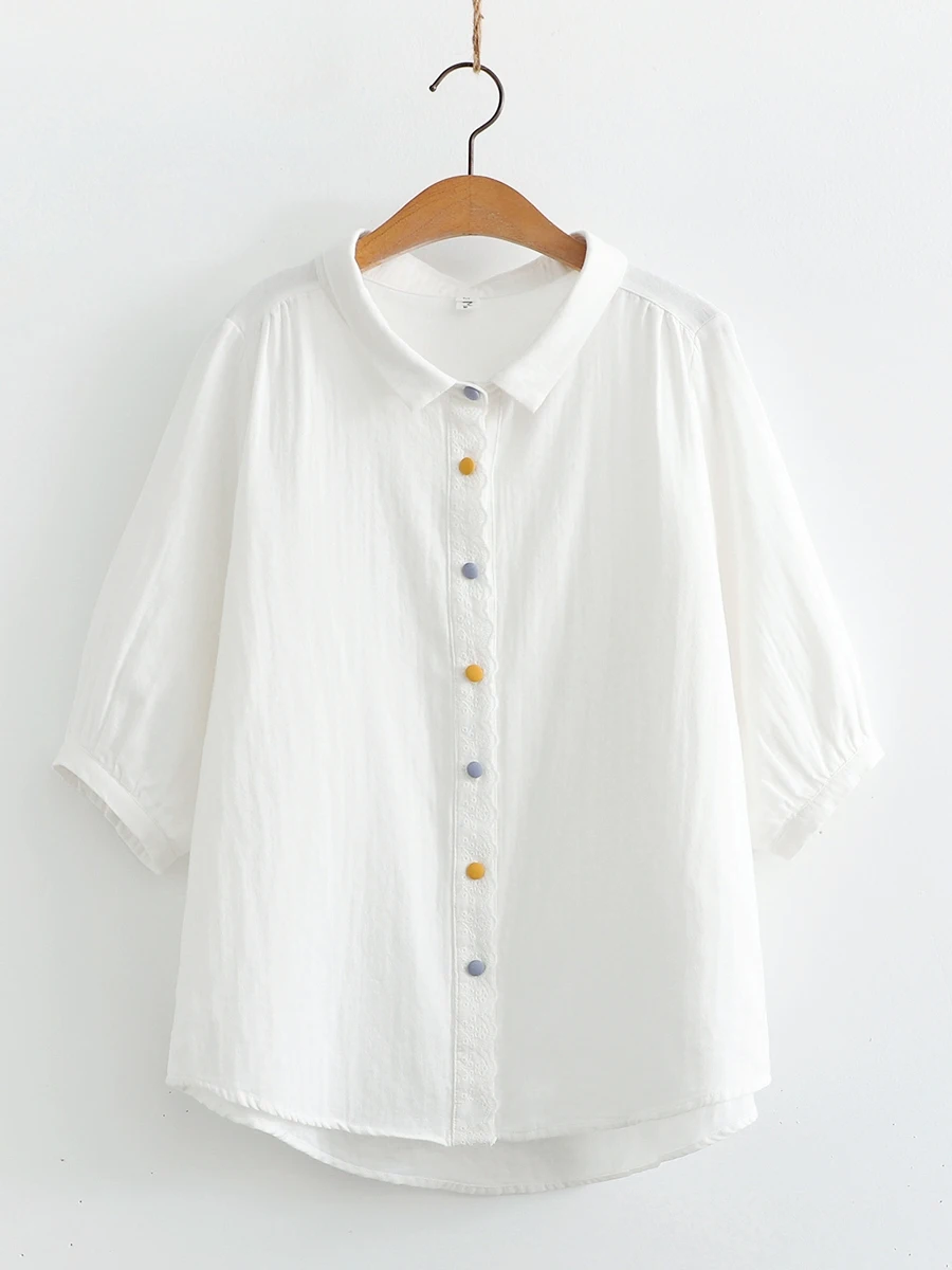 

Ele Pure Cotton Lace Embroidery Women's irt French Sle Loose Fit Five-Quarter Sve Beautiful Front Button Design