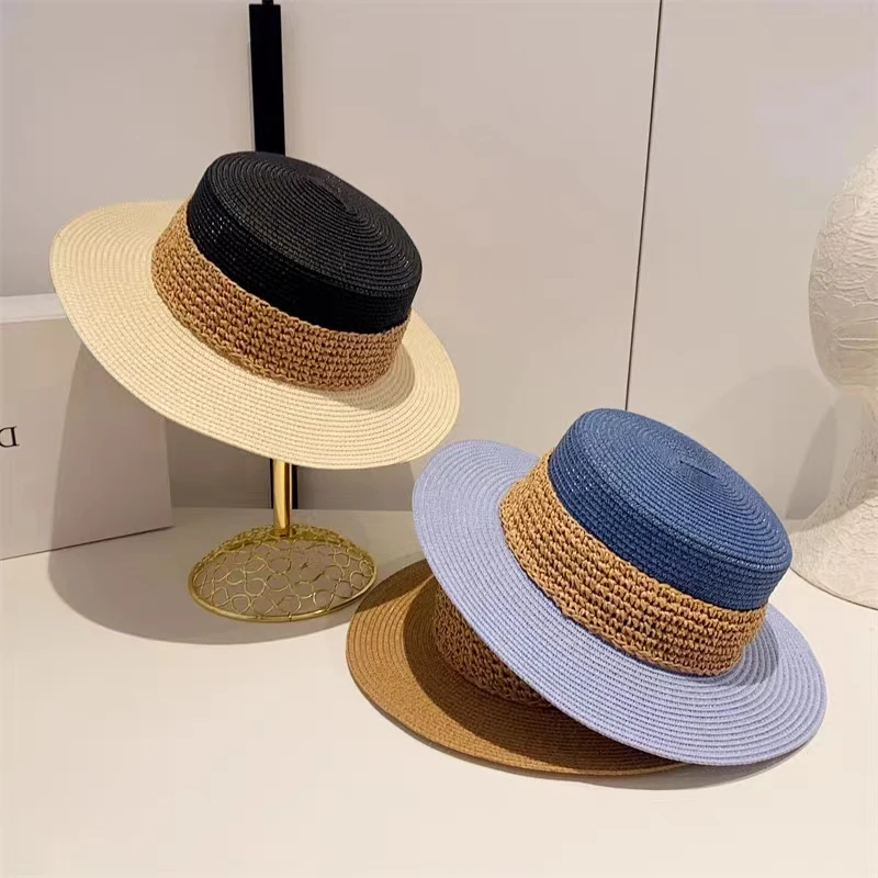 New Beach hat Women\'s large brim color matching sun hat Summer sun protection straw hat Foldable Ladies bucket hat