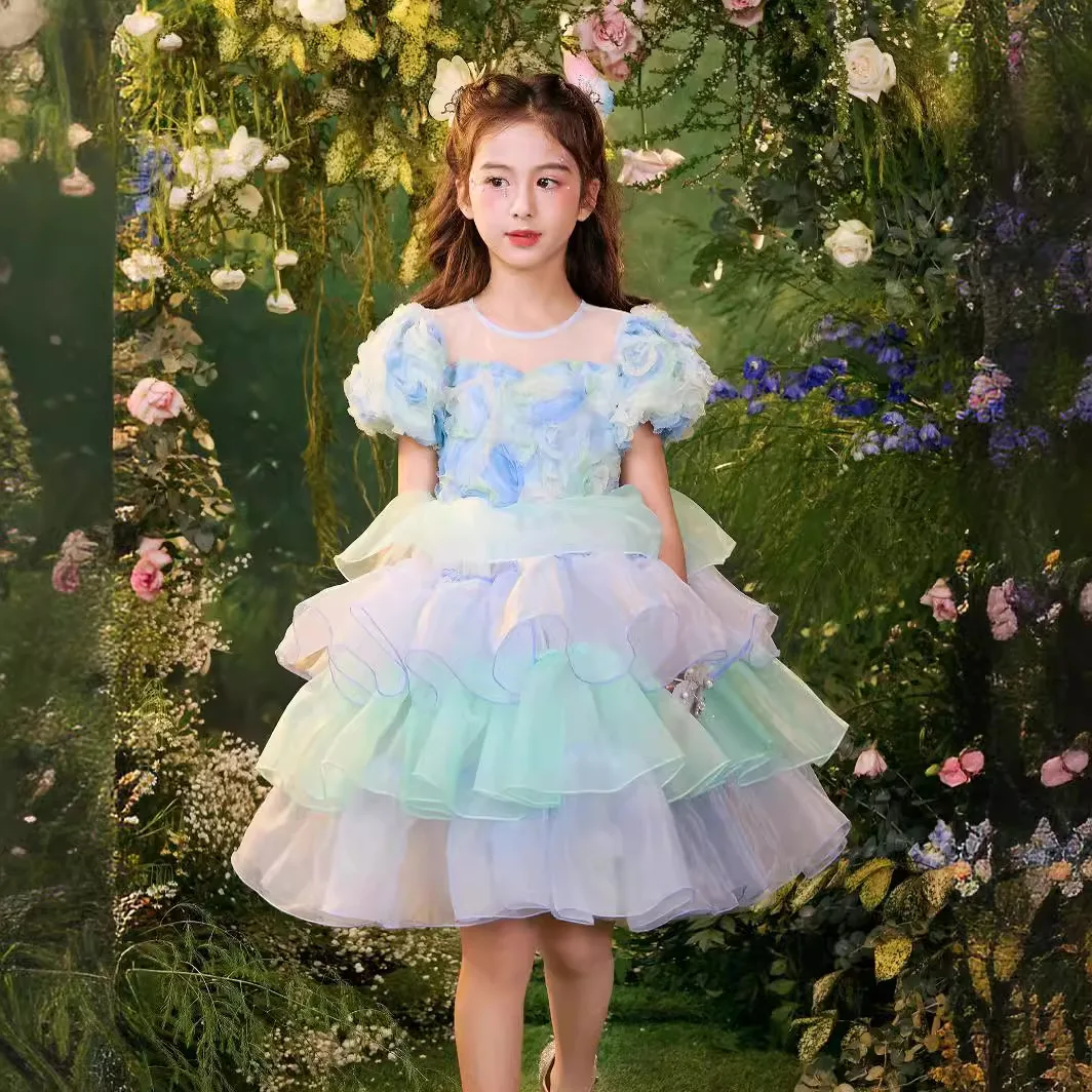 Elegante Bloem Meisje Prinsessenjurk Mesh Formele Kerst Pluizige Jurk Lolita Meisje Verjaardagsfeestjurk Kinderkleding