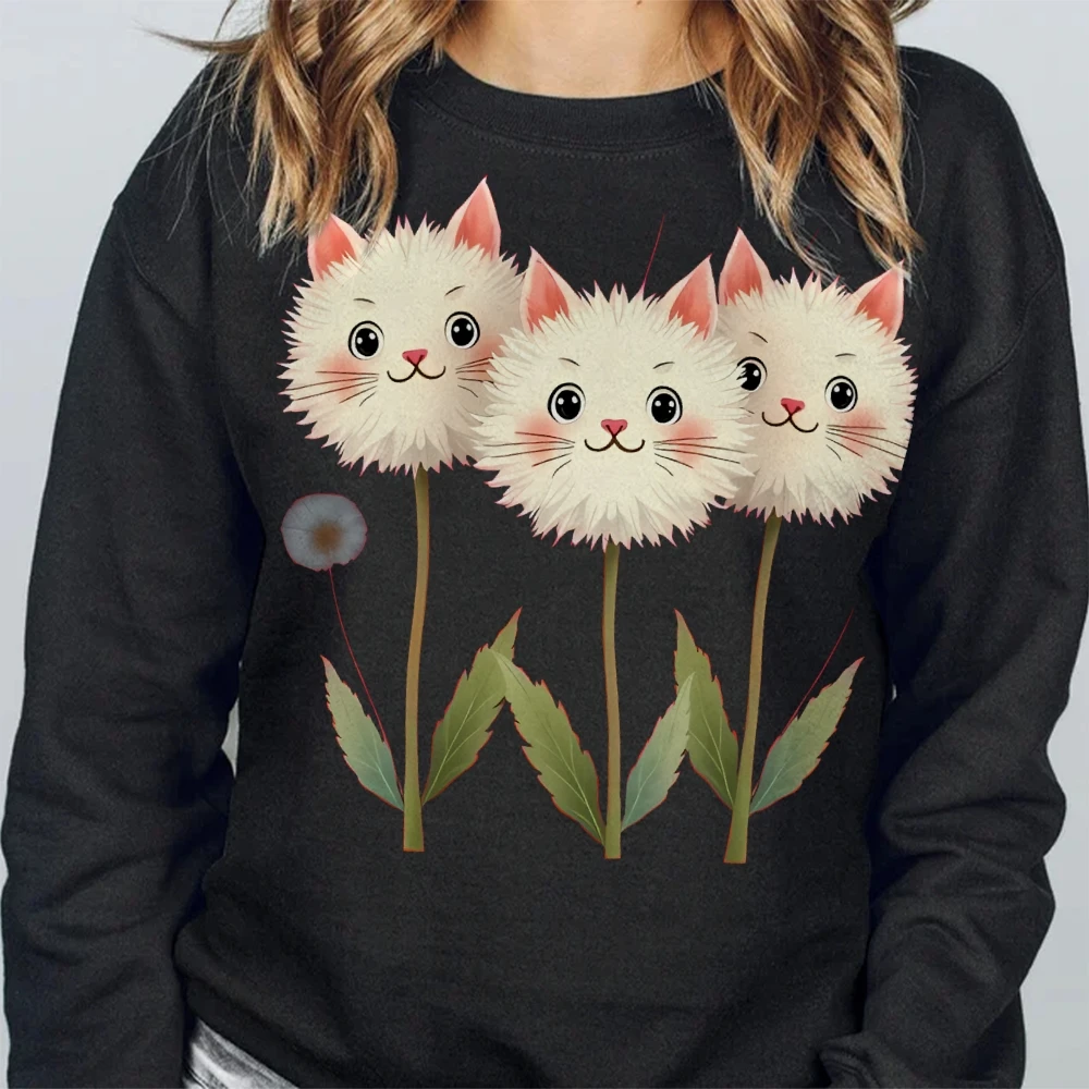 بلوزات نسائية برقبة دائرية، سترات لطيفة منفوشة على شكل قطة، مطبوعة برسومات جرافيك، بلوفر كاجوال، ملابس خريفية كبيرة الحجم من القطن