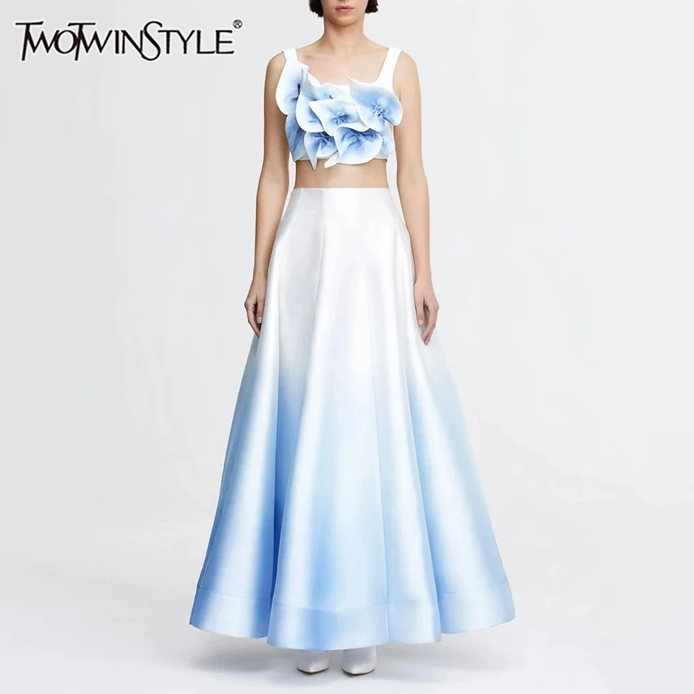 

TWOTWINSTYLE Hit Color Two Piece Sets for Women Square Neck Sleeveless Spliced 3D Flower Top High Waist Skirt Fashion Set Female