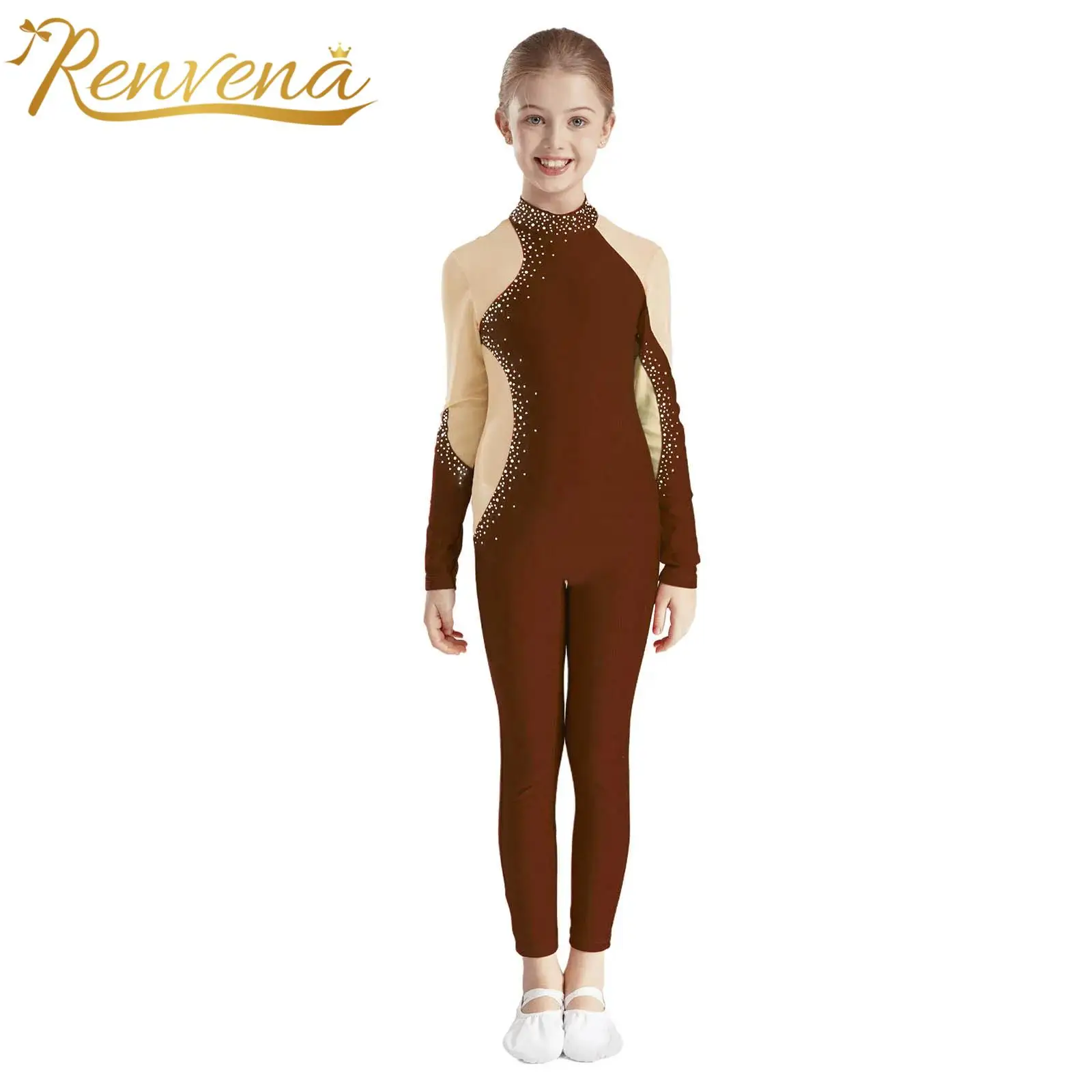 

Kids Girls Rhythmic Gymnastics Jumpsuit Children Figure Skating Ballet Leotard Dance Costume Teens Sheer Mesh Patchwork Bodysuit