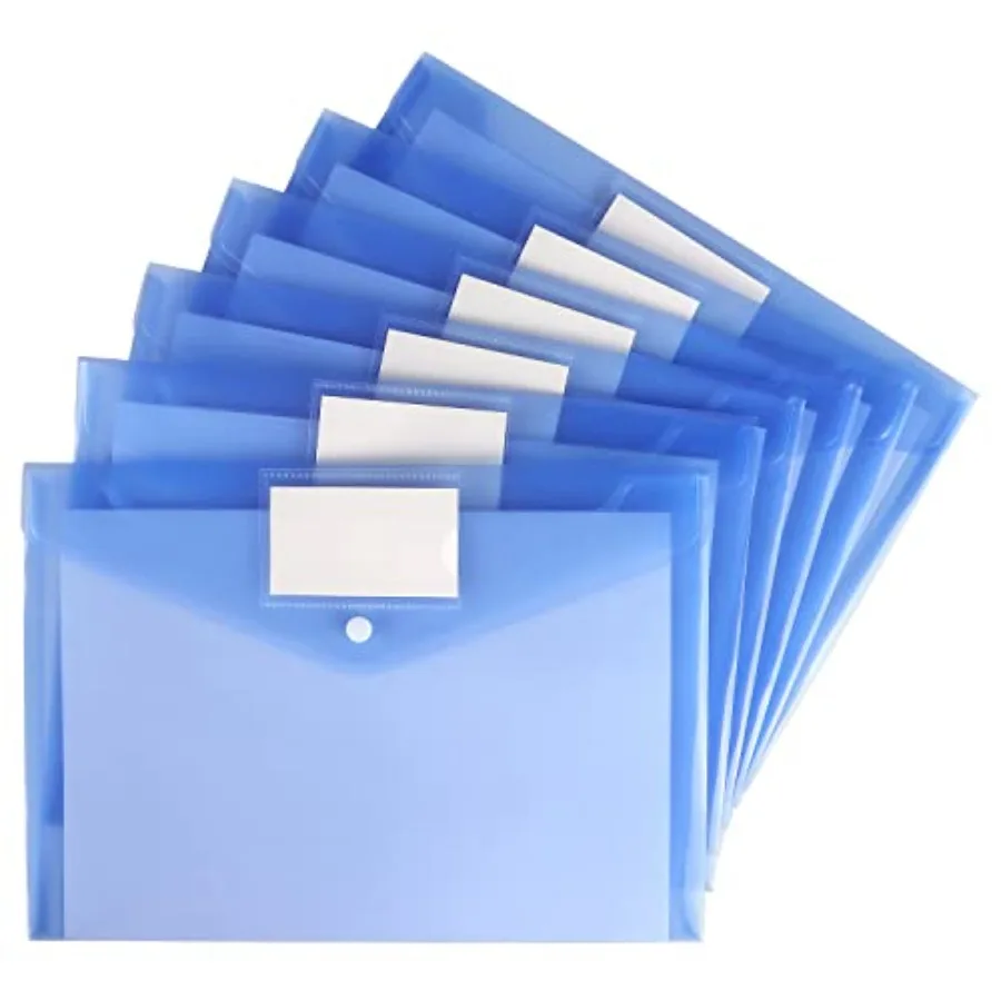 6 Pack Clear Document Folders Plastic Envelopes, A4 Size, Blue Poly Envelopes File Envelopes with Label Pocket and Snap Button,