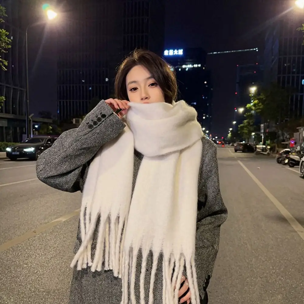 1PC New Soft Winter Cashmere Scarf Solid Color Warm Long Tassel Scarves Mohair Thickened Wrap Shawls For Women Girls