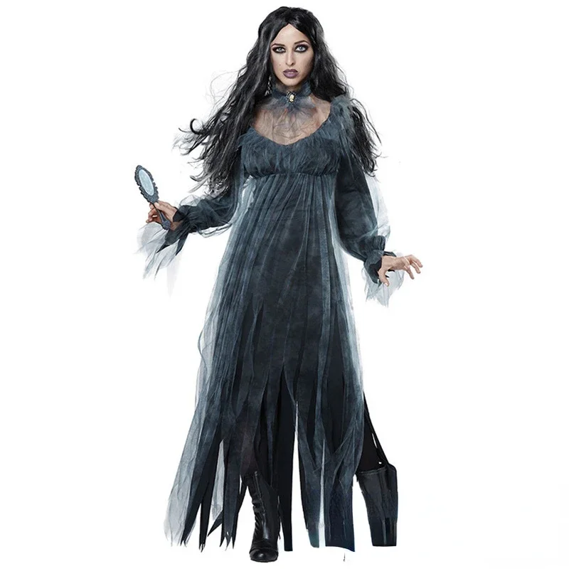 2024 Vampier Cosplay Spel Zacht Kostuum Horror Demon Ghost Bruid Zwart Gaas Jurk Halloween Heks Cape Vrouwen Middeleeuwse Heks Sluier