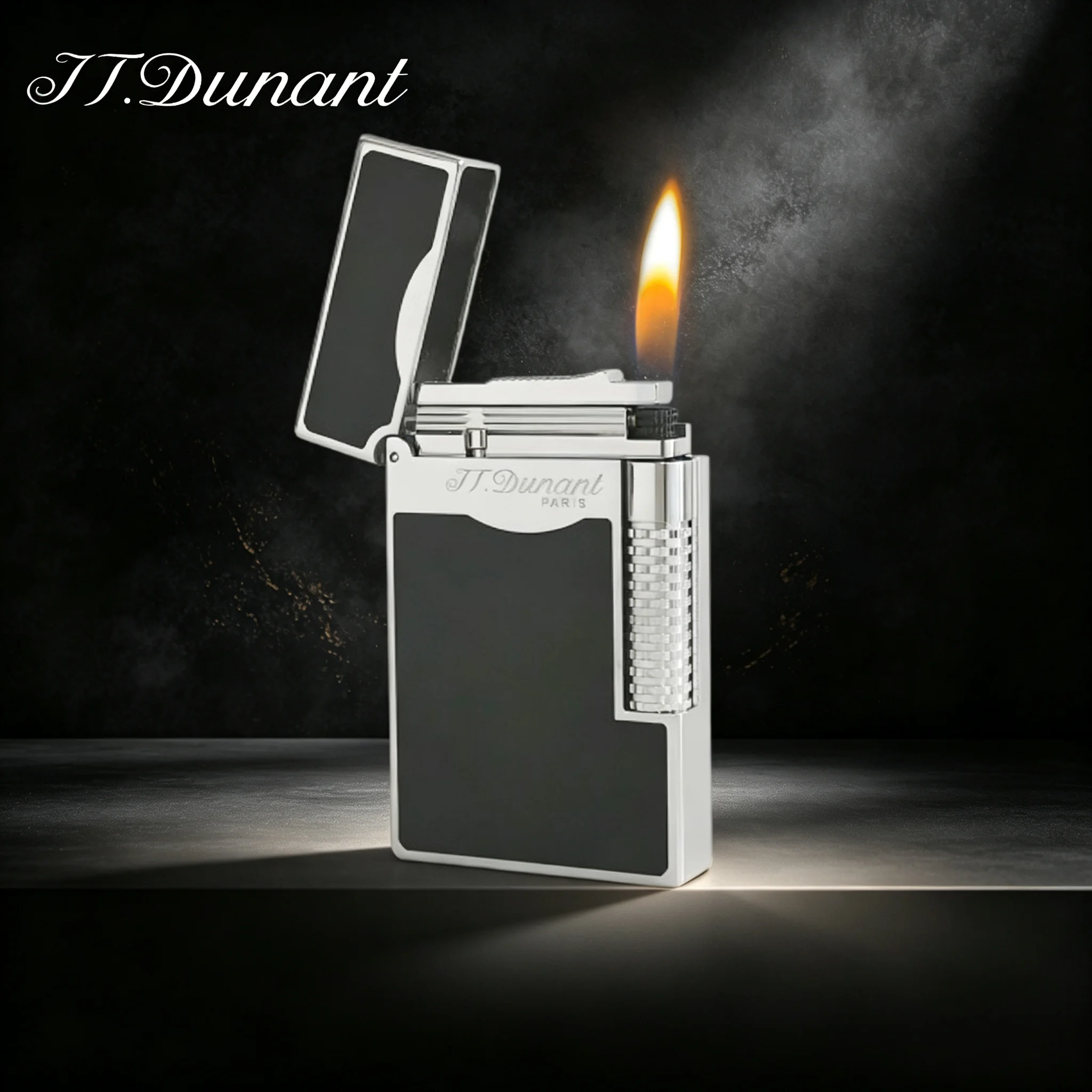 JT.Dunant Lighter Serrated Side Ignition Wheel Black Lacquer Refillable Butane Gas Classic Click Sound Cigarette Men Smoking