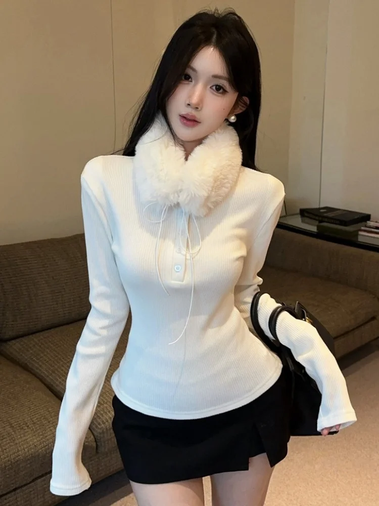 

Korean Style Long Sleeve Knitted Slim Fit Women's Base Shirt with Fur Collar Winter Design Fashionable Slimming Top