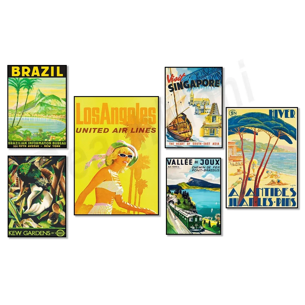 Los Angeles, Singapore, Antibes Juan-les-Pins, Cannes Cote d'Azur, Lugano Switzerland, Brazil, Austria rail travel posters