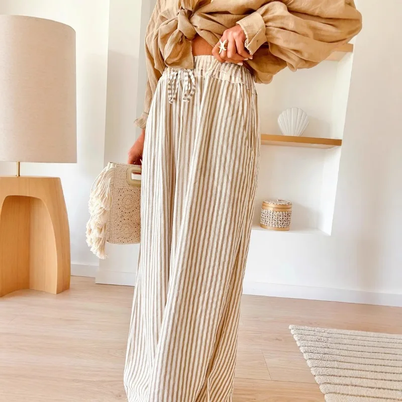 

1pcs Womens Striped Print Wide Leg Pants Casual Loose Fit Loungewear Home Trousers