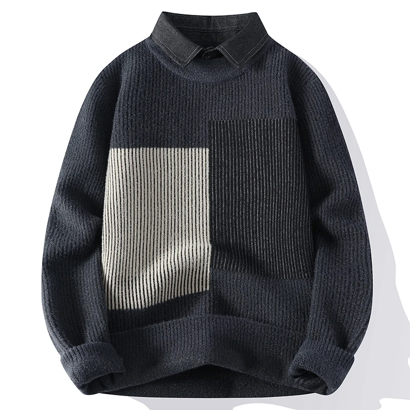 Autumn Winter Men's Clothing Turn-down Collar Pullover Striped Patchwork Long Sleeve Fake Two Pieces Sweater Knitted Tops