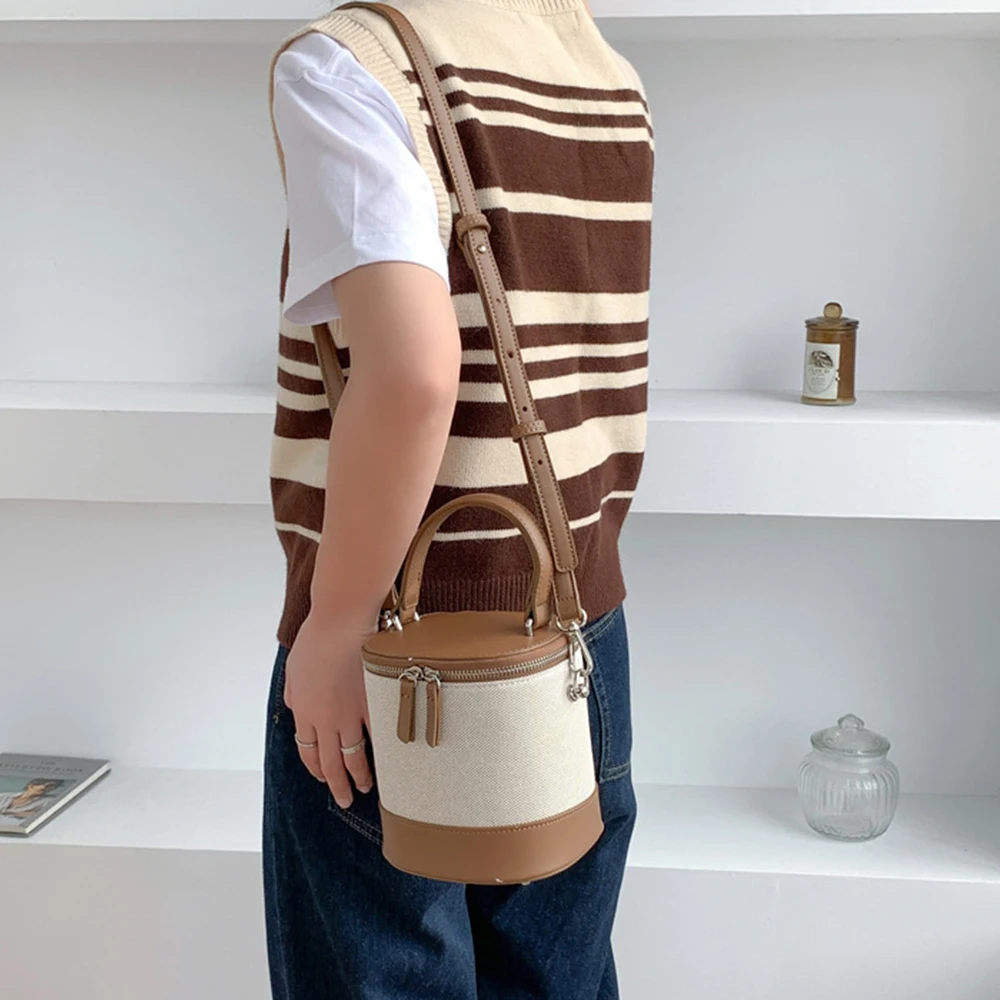 Fashion Canvas Bucket Bag Patchwork Women Designer Handbags Barrel-shaped Crossbody Bags for Women High Quality Shoulder Bag New