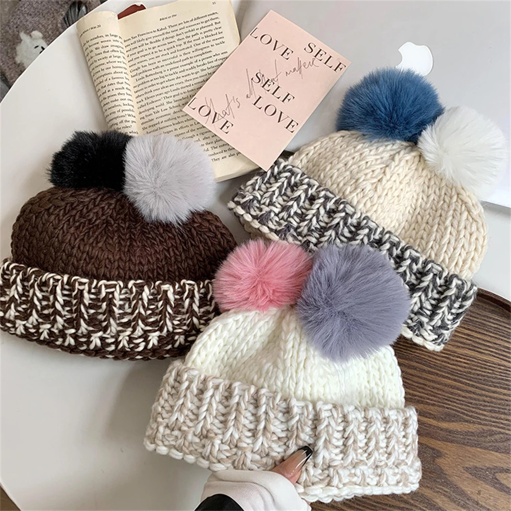 Women's Winter Warm Woolen Knitted Hat Big Head Wrap Round Top Cap with Two-color Fluffy Ball 2024 Girls Outdoor Windproof Hats