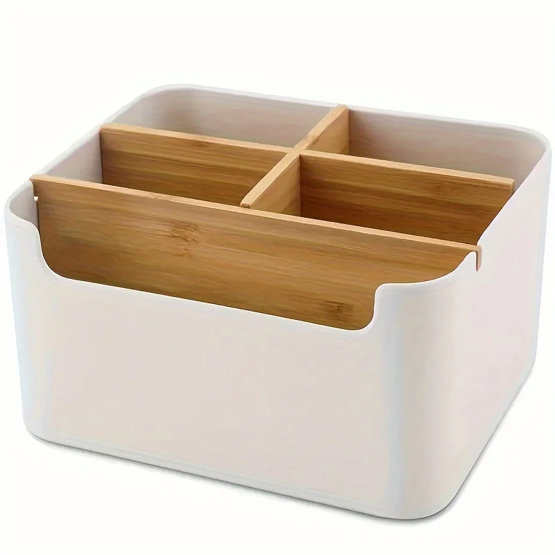 1 Piece 5-compartment Bamboo Desktop Organizer, Office Organizer With Pen Slots, Bathroom Cosmetics Storage Box, Living JJ3084