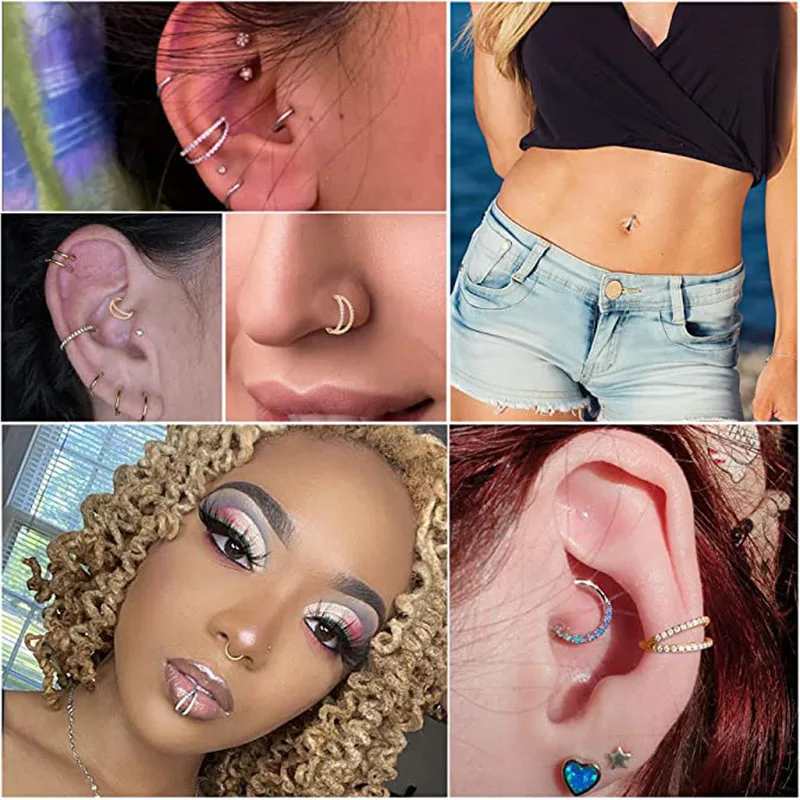 G23 Titanium with Two Rows CZ Nose Ring Hinged Segment Clicker Ear Cartilage Helix Lip Stud Tragus Nipple Rings Piercing Jewelry