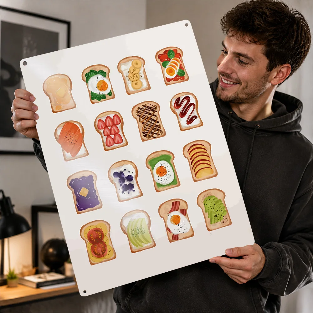 Toast With Assorted Toppings Printed Poster Illustrated Wall Art For Kitchen Personalized Aluminum Metal Sign Home Cook Gift