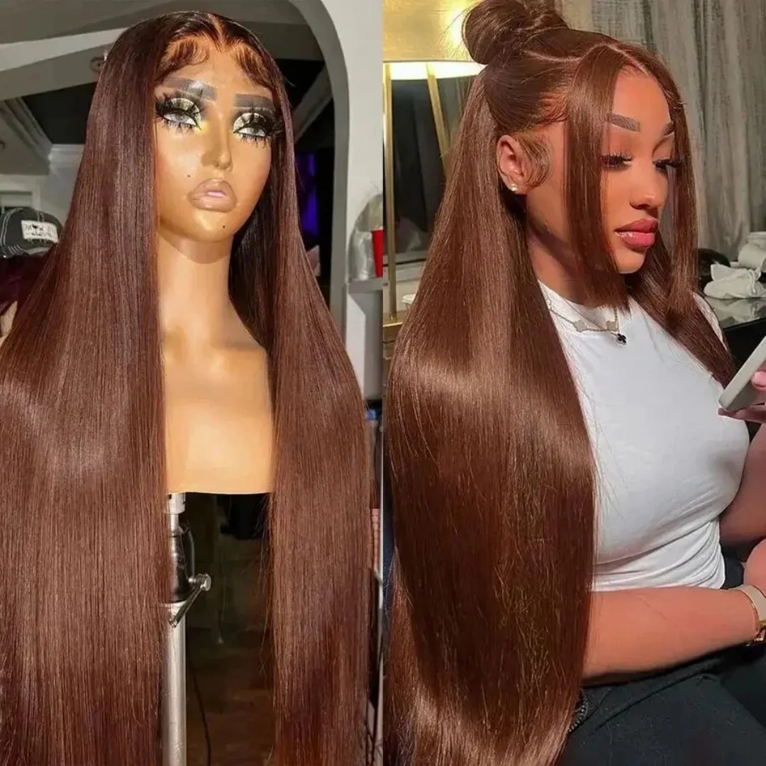 วิกผมแท้แบบตรงสีน้ำตาลช็อกโกแลต HD 13x4 พร้อมเชือกผูกด้านหน้าแบบ 360 องศา วิกผมแท้ 100% ถอนขนแล้วสำหรับผู้หญิง