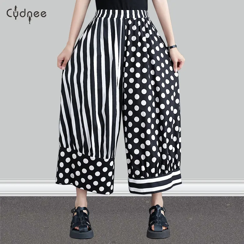 

Womens High Waist Wide Leg Long Pants Double Tuck Palazzo Pants Patchwork Polka Dot Wide Leg Trousers