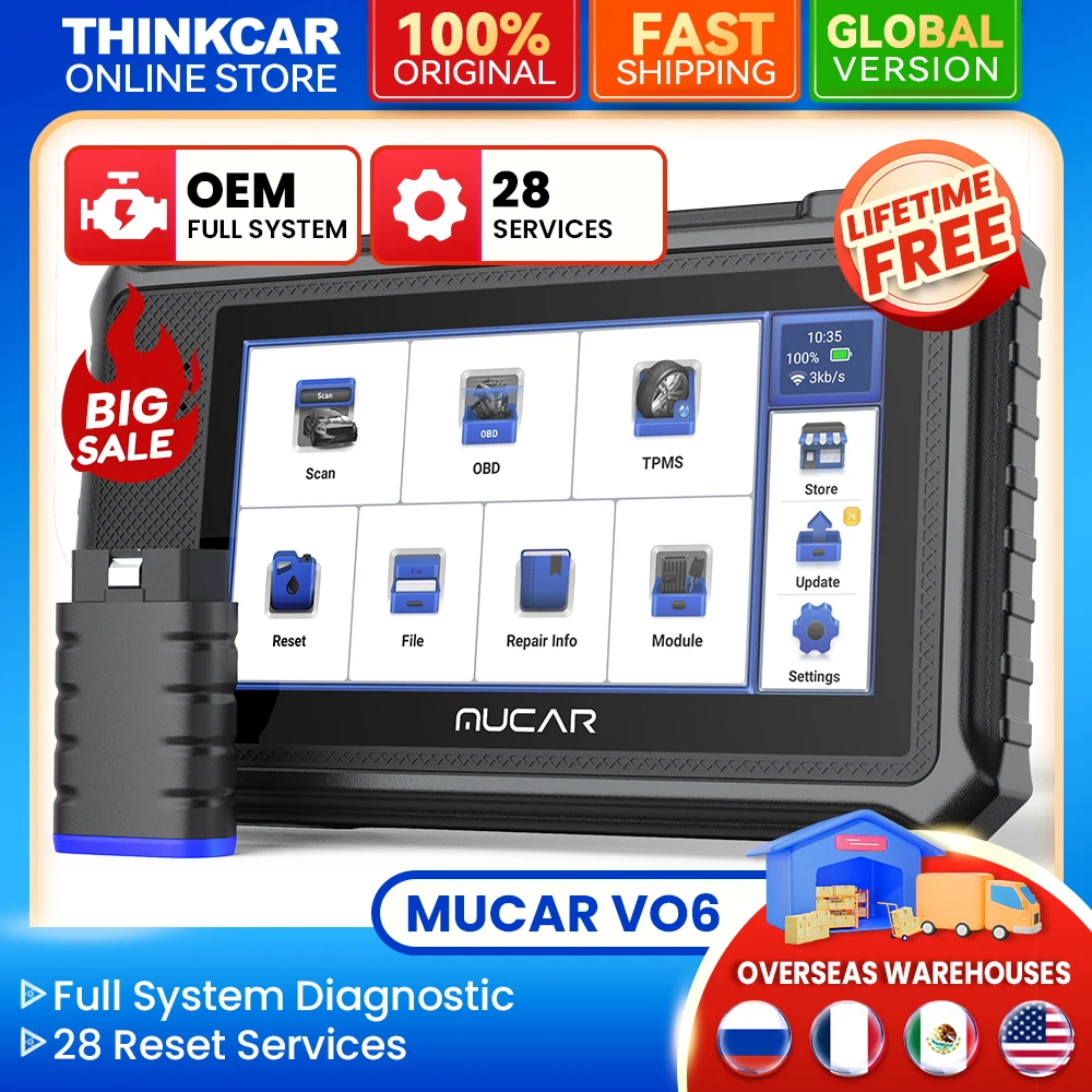 MUCAR VO6 OBD2 Automotive All System Diagnostic Tool Code Reader Key Programmer Auto Vin with 28+ Reset Functions Active Test