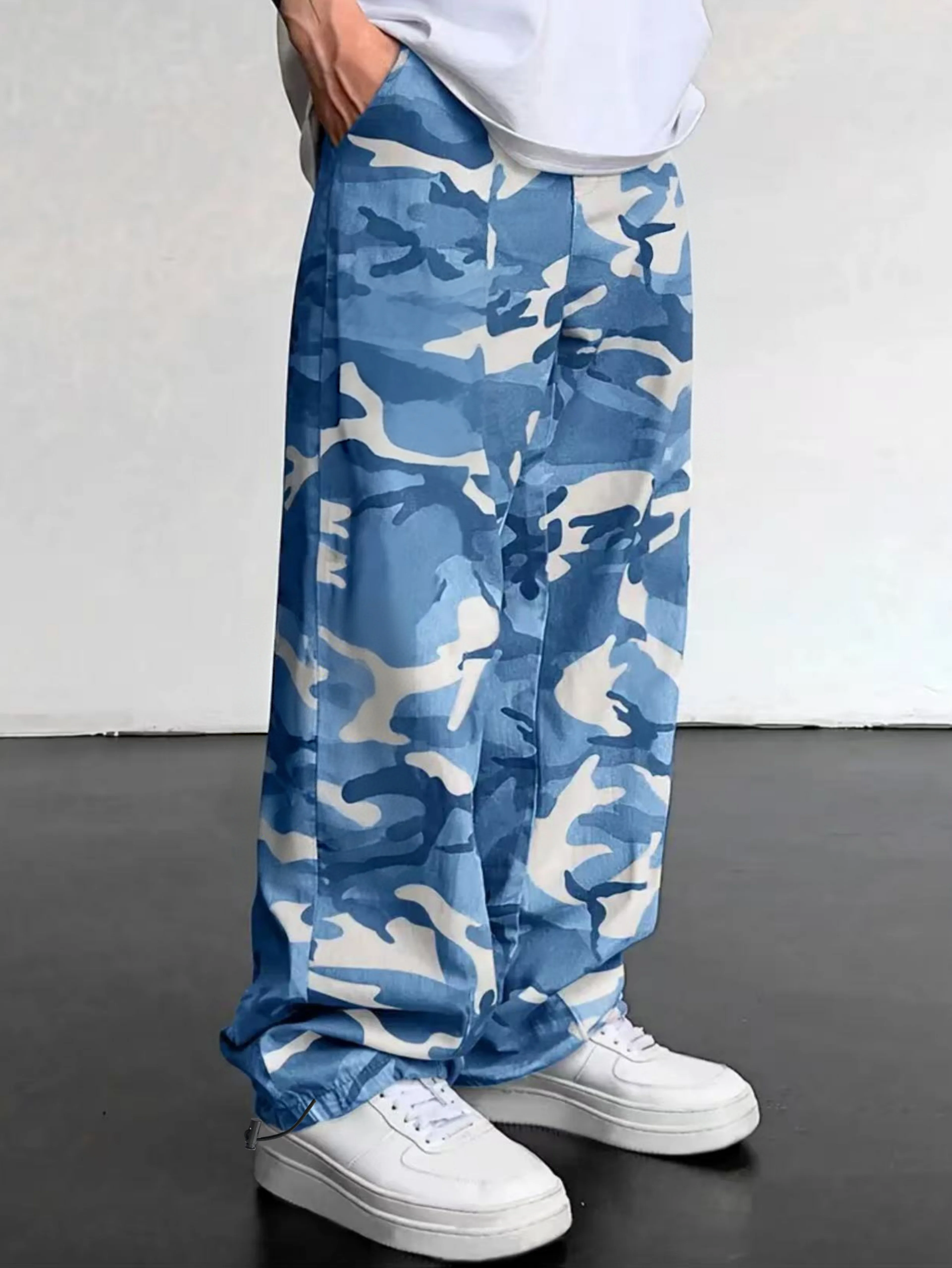 Men's Casual Camouflage Long Pants Blue White Camo Pattern Loose Wide Leg Design Quick Dry Hem Daily Wear Street Trousers Kids
