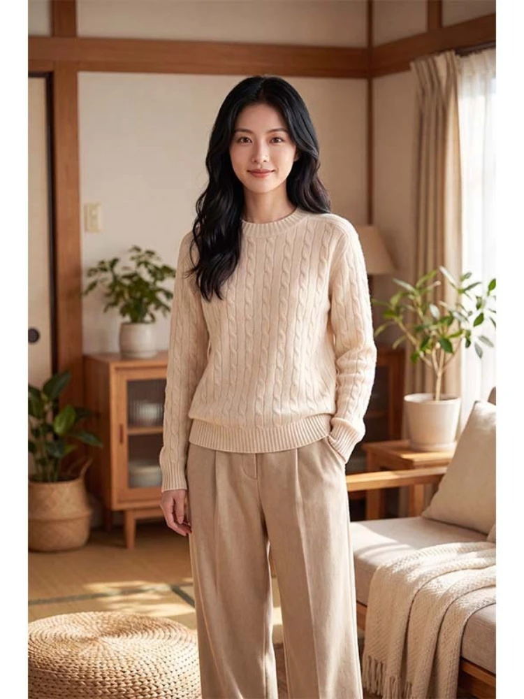 New Seamless Twisted Flower Round Neck Pullover Cashmere Sweater for Autumn and Winter Women's Loose Wool Knitted Sweater