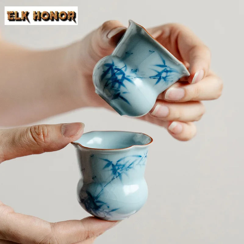 2pc/lot Ru Kiln Hand-painted Blue Bamboo Teacup Zen Tea Bowl Tea Cup Set Tea-tasting Fragrance Cup Jianzhan Master Cups Cha 45ml