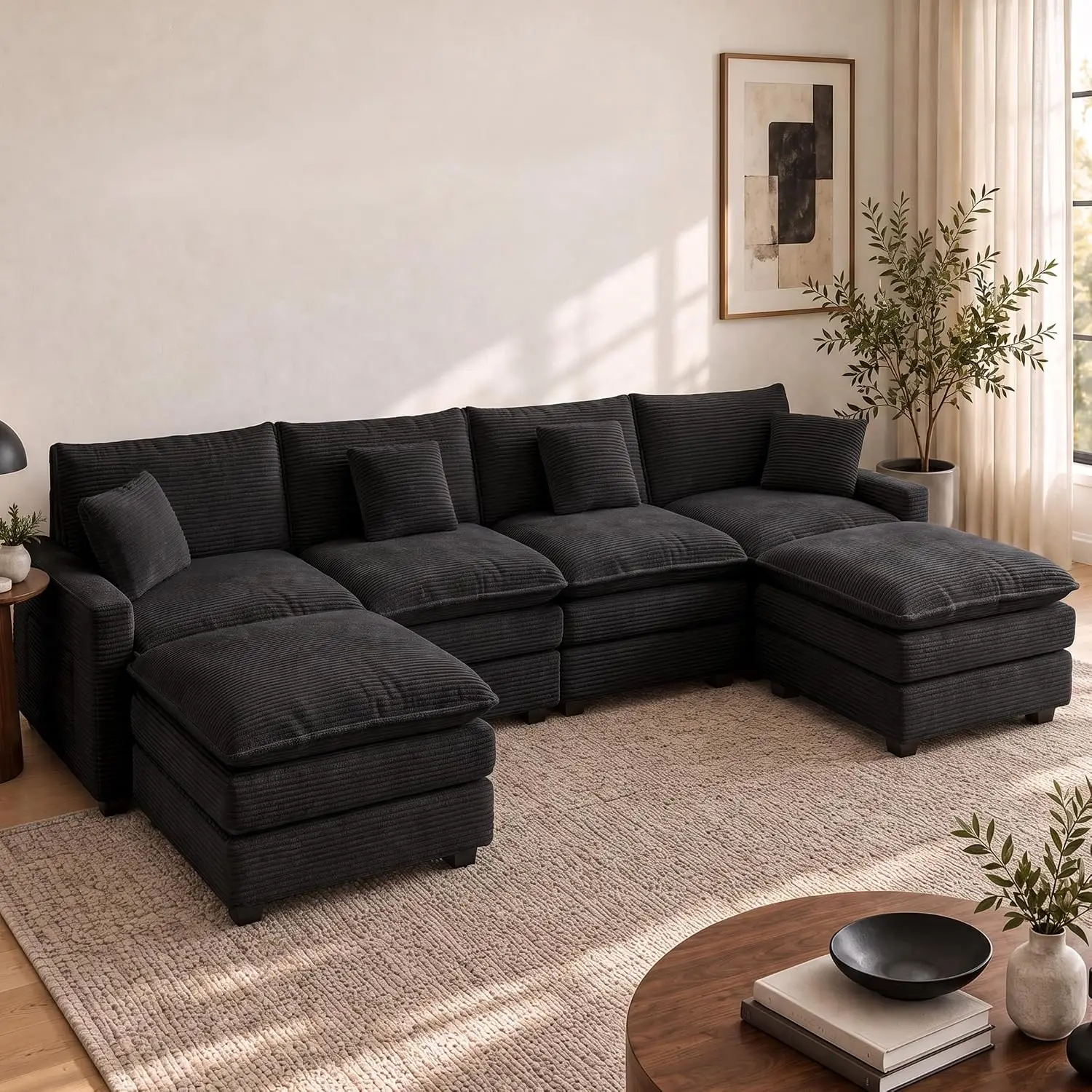 140" Modular Sectional Sofa, U-Shaped Cloud Couch with Ottoman, Black