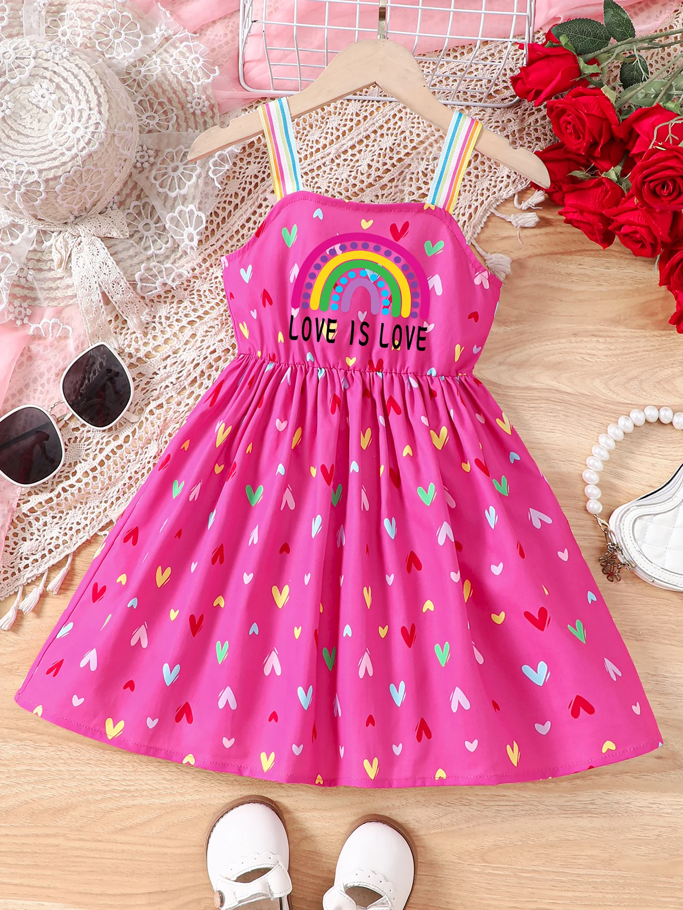 2024 Summer Special Girl\'s New Product, Fresh And Casual Dress, Rainbow Love Print, Children\'s Sling Dress