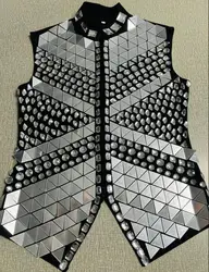 Nightclub Dance Vest Mirror Stage Perform Cloth Men Rhinestone Top