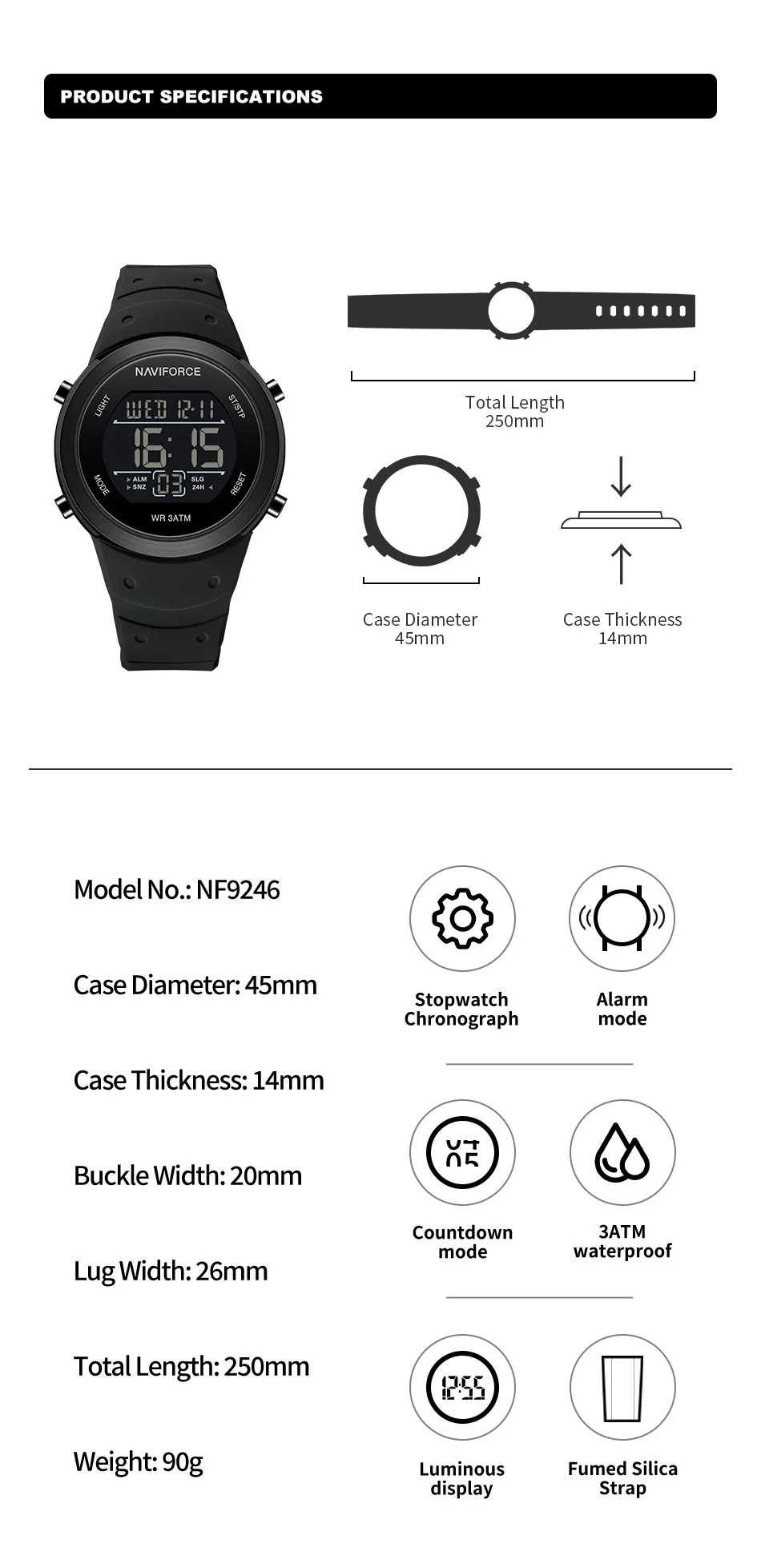 NAVIFORCE NF9246 Modo de alarma Reloj de pulsera para hombre Correa de silicona Luz LED Pantalla de luz nocturna Relojes electrónicos