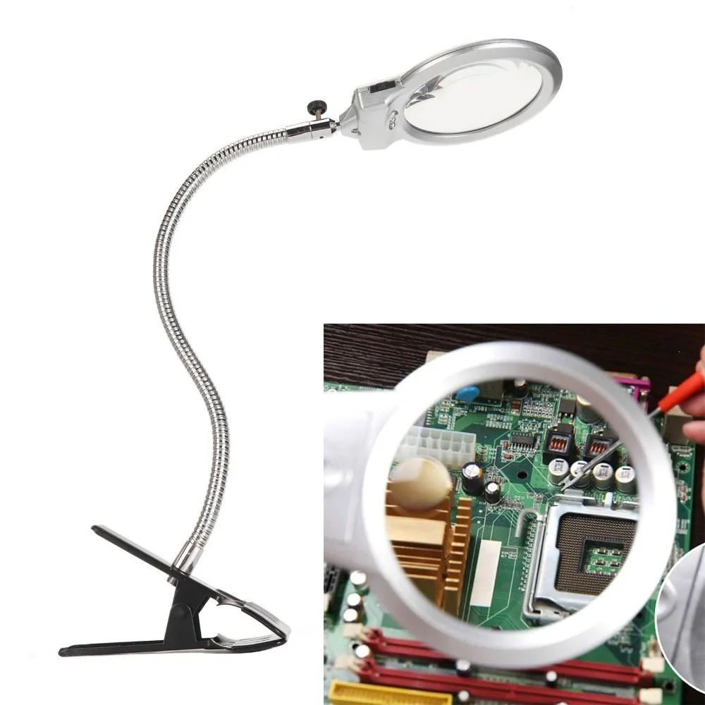 Clamp Type Magnifying Lamp Metal Material LED Lighting Desk Work Light Flexible Hose Repair Magnifier for 2.5X、5X Daily Reading