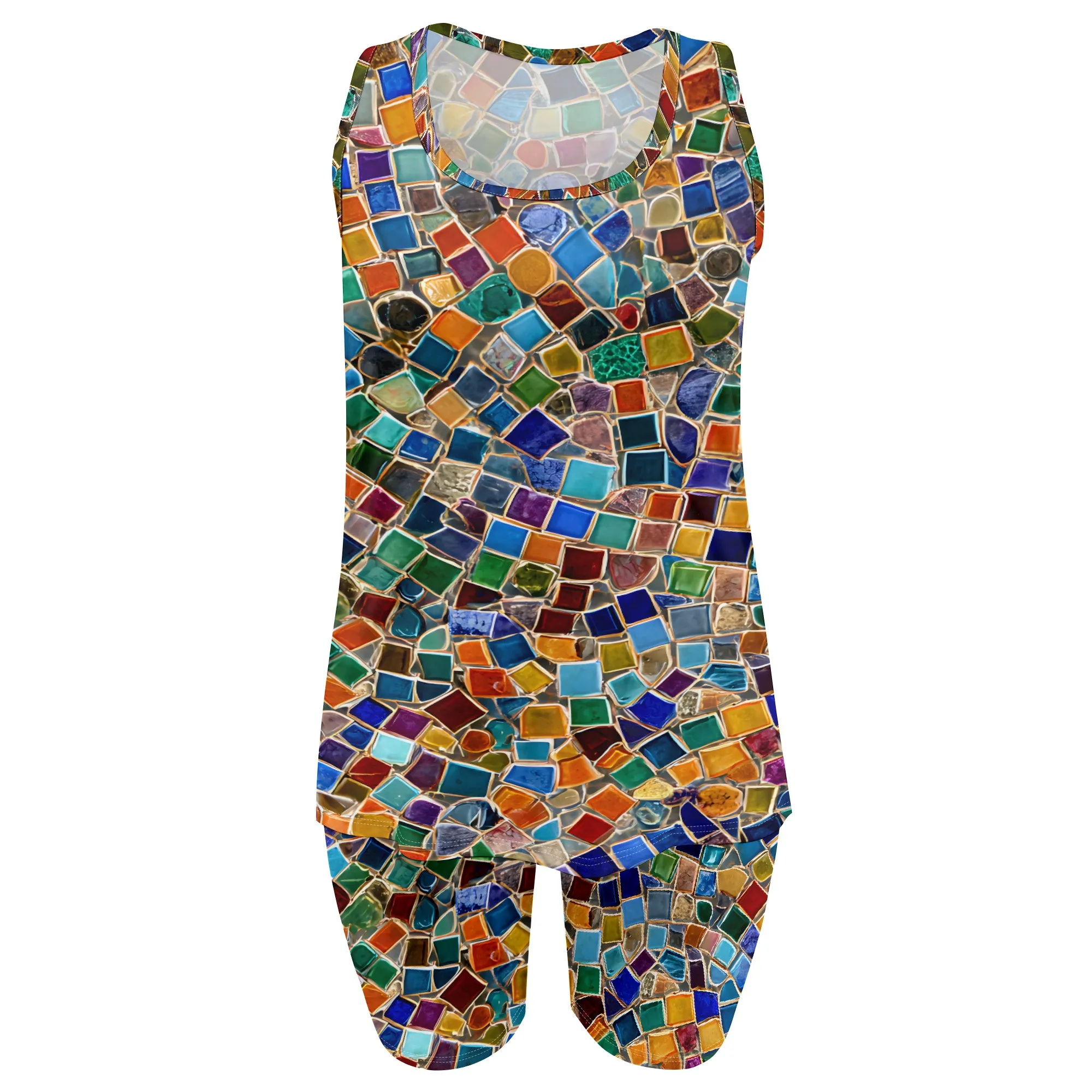 Mosaic Print, Women's Tank Top & Shorts Set, Colorful Geometric Pattern, Summer Casual Outfit, Beachwear, S-2XL