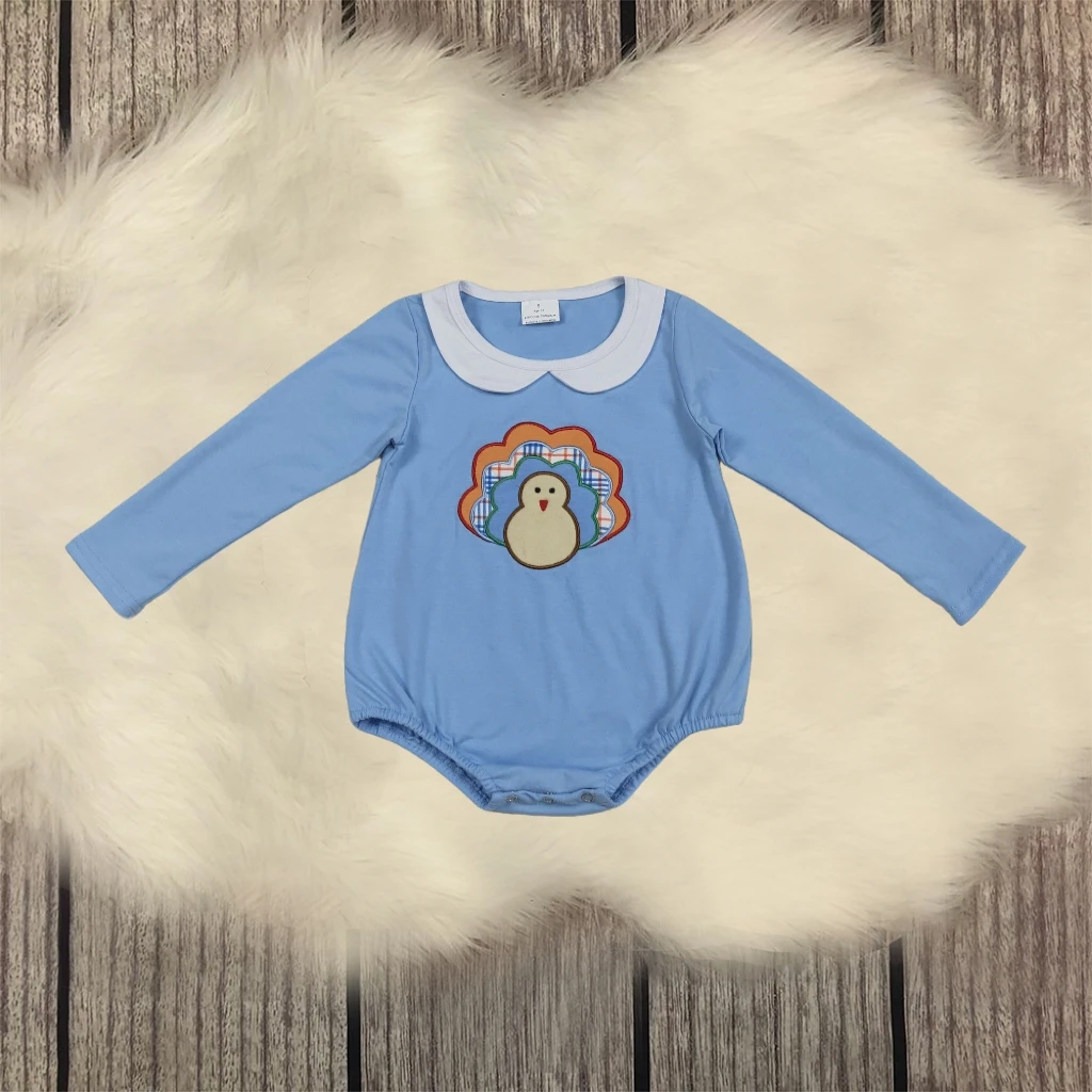 

Baby Boy Toddler Thanksgiving Autumn Blue Jumpsuit Children Floral turkey Romper Newborn Coverall Fall Cotton Bodysuit Wholesale