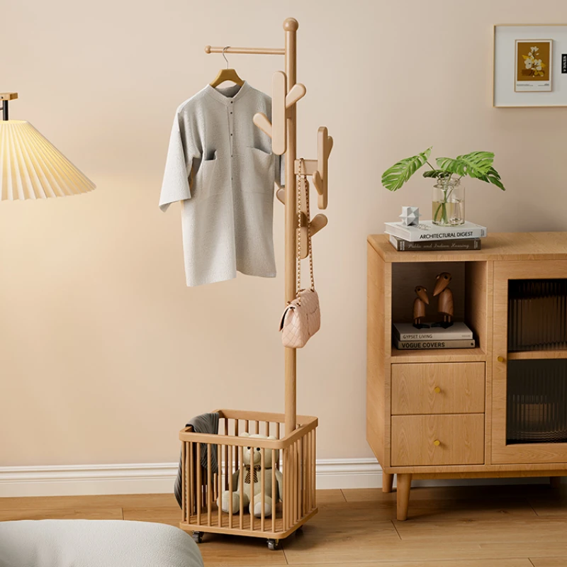 Solid Wood Standing Coat Rack Bedroom Move Dirty Clothes Basket Multi-function Storage Stand Clothes Hanger Nordic Furniture