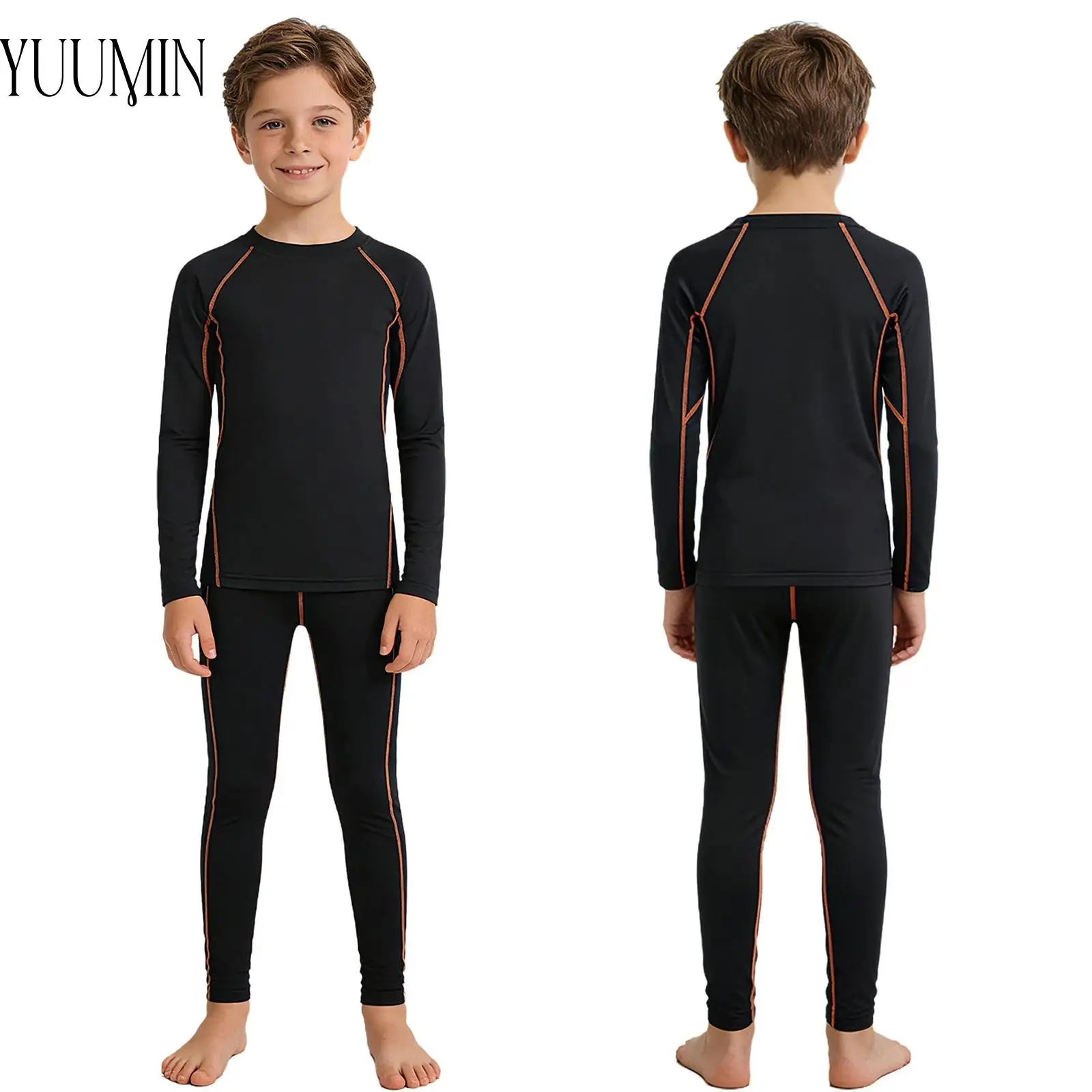 Kids Boys Quick-Drying Sports Outfit Round Neck Long Sleeve Athletic Top with Leggings for Basketball Training Outdoor Workout