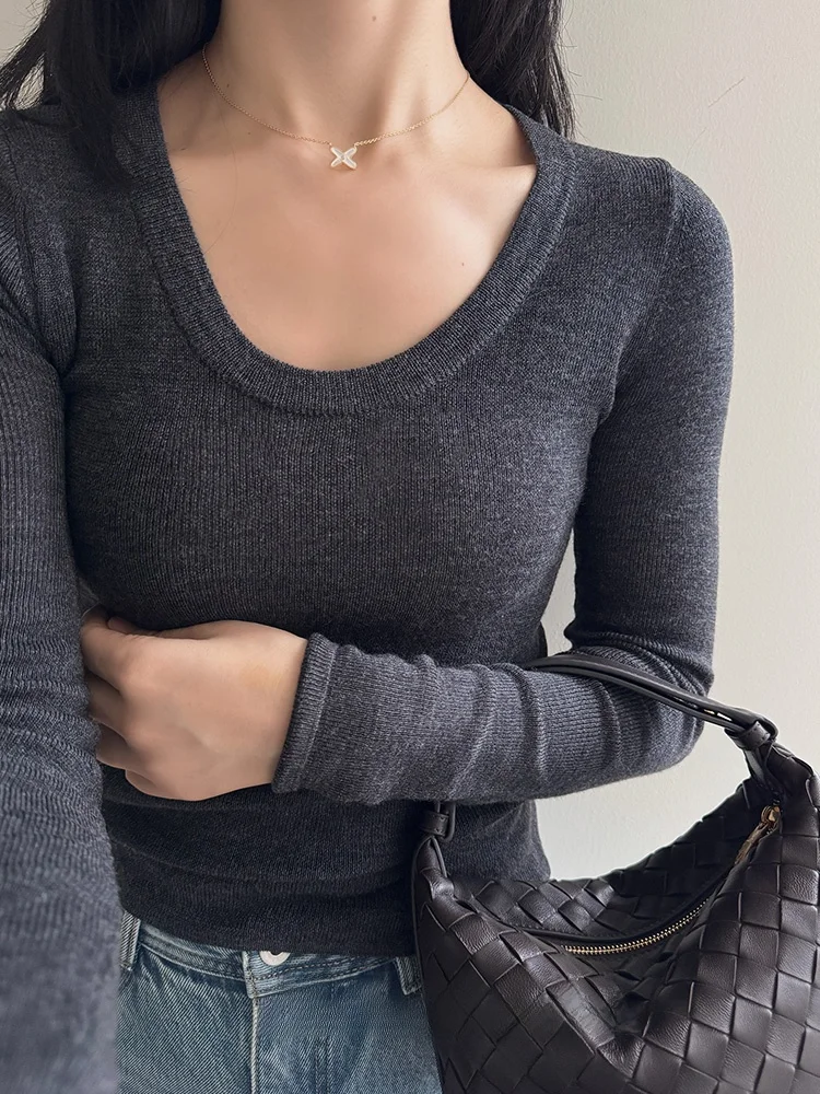 

Свитер Jiaoyang из 100% шерсти Янцзы, вязаный, с воротником-стойкой, U-образный вырез, базовый слой, для женщин и девочек, осенний, длинный рукав