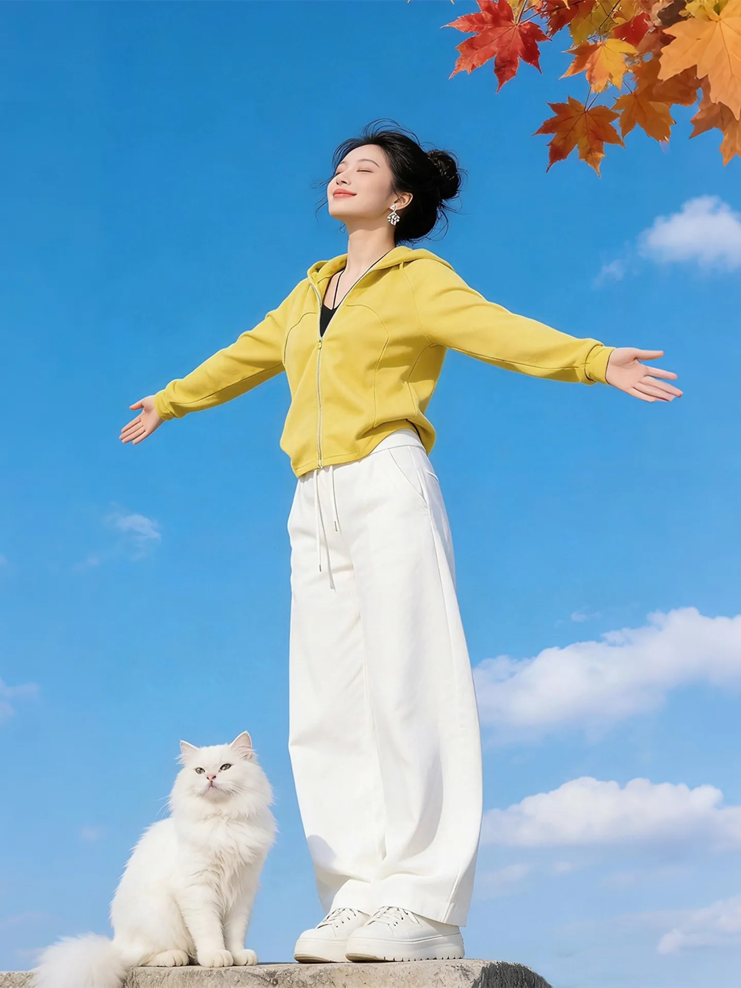 

Laid-back Style Sportswear Set Women's Korean High Waist Casual Pants Pure Color Hoodie Spring Fashion Zipper Decoration