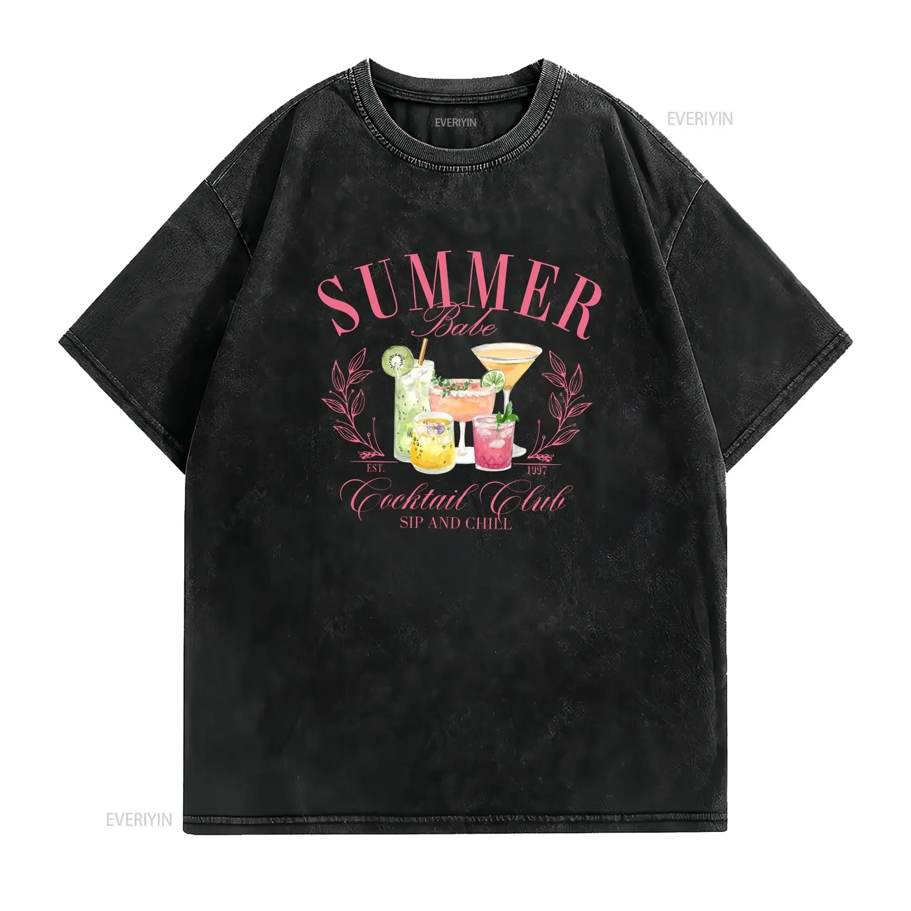 Summer Babe Cocktail Club T Shirt Drinker Girls Social Babes Lover Alcohol vintage Washed fashion Versatile Casual Stretched