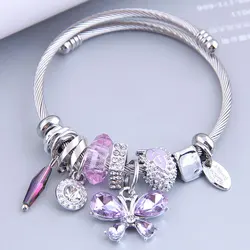 Stainless Steel Cuff Bangle Butterfly Crystal Tassel Bracelet Crystal Bead String