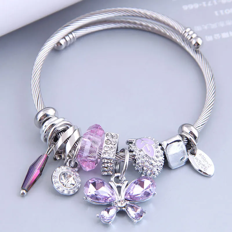 Stainless Steel Cuff Bangle Butterfly Crystal Tassel Bracelet Crystal Bead String