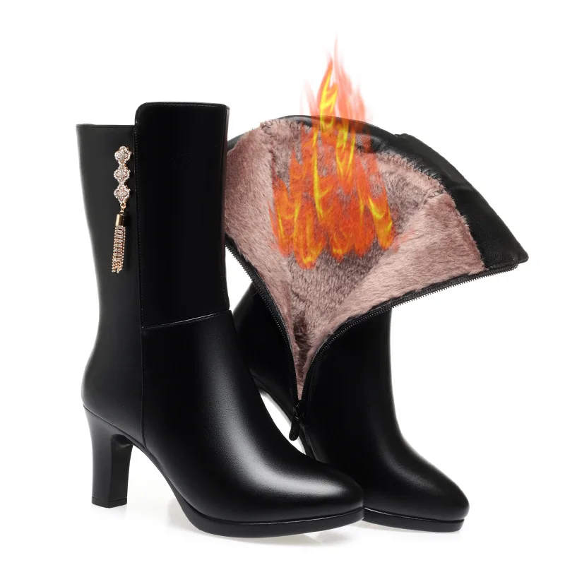 High Heel Boots for Women Winter New Middle-aged Ladies Pu Leather Cotton Boots Fashion Plus Velvet Mid-Calf Boot Botas Mujer