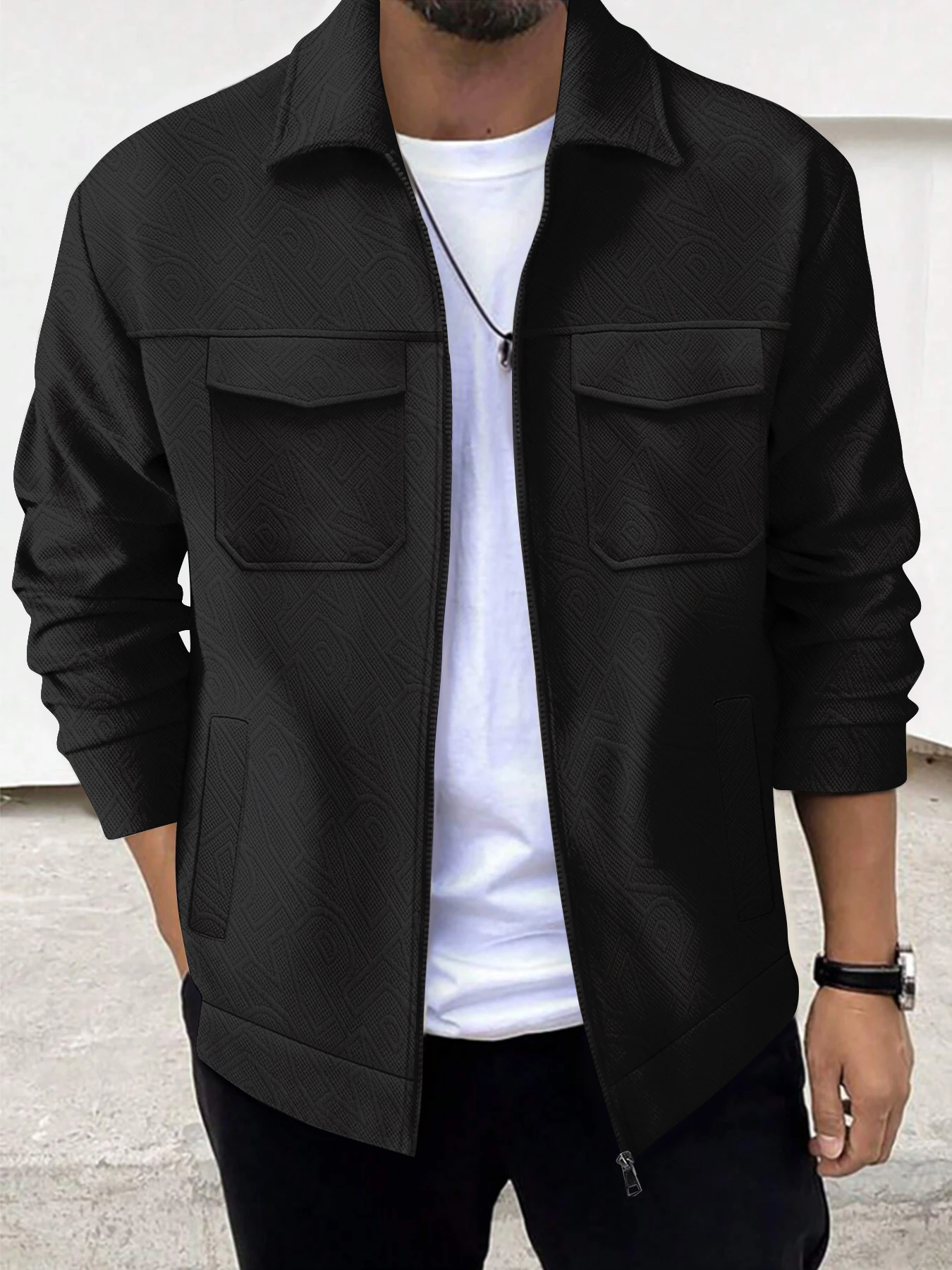 Autumn and winter new men\'s business casual jacket trend fashion solid color lapel pocket zipper thick long-sleeved top