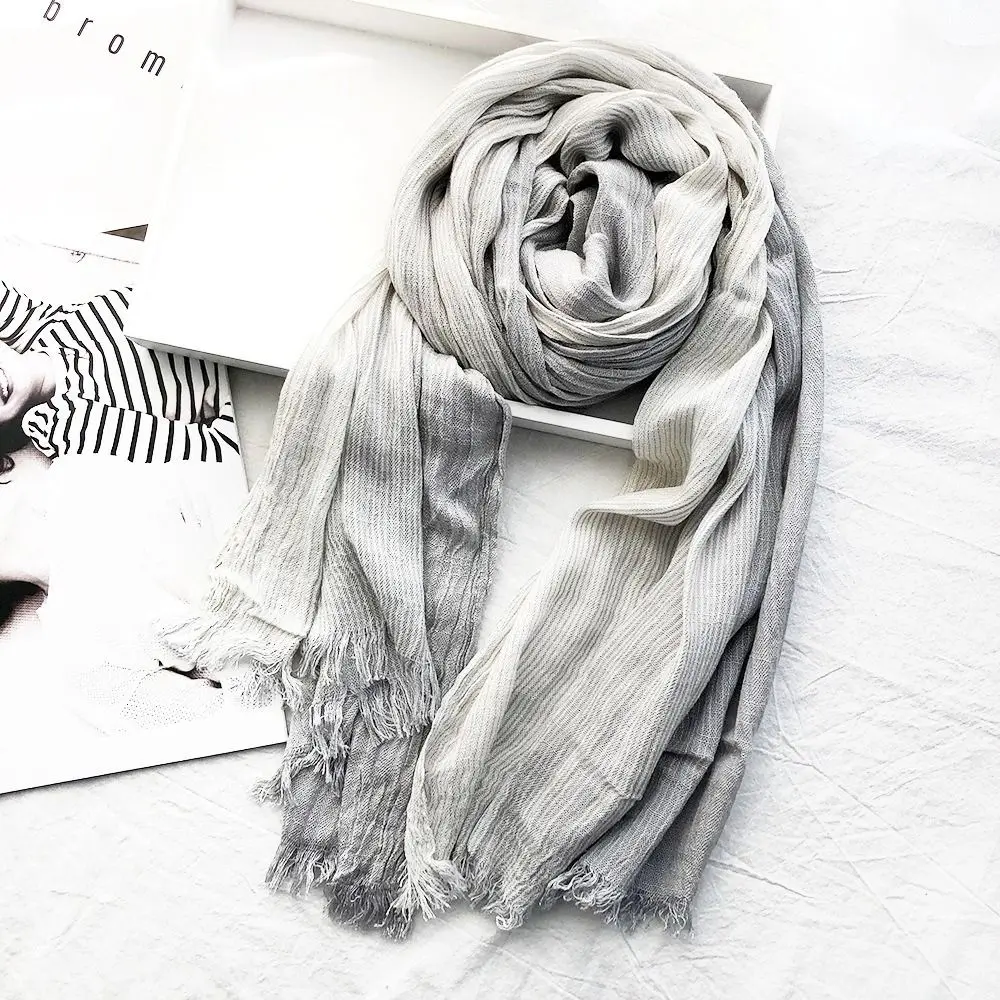 Fashion Cotton Linen Unisex Striped Scarf Wrinkled Soft Long Neckerchief Winter Warm Patchwork Tassel Bufandas Shawls