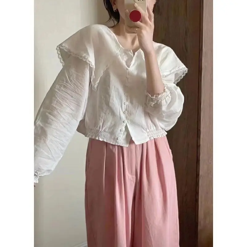 Delicate Lace Splicing Doll Collar Long-sleeved Sunscreen Shirt Women's Summer New Breasted Top