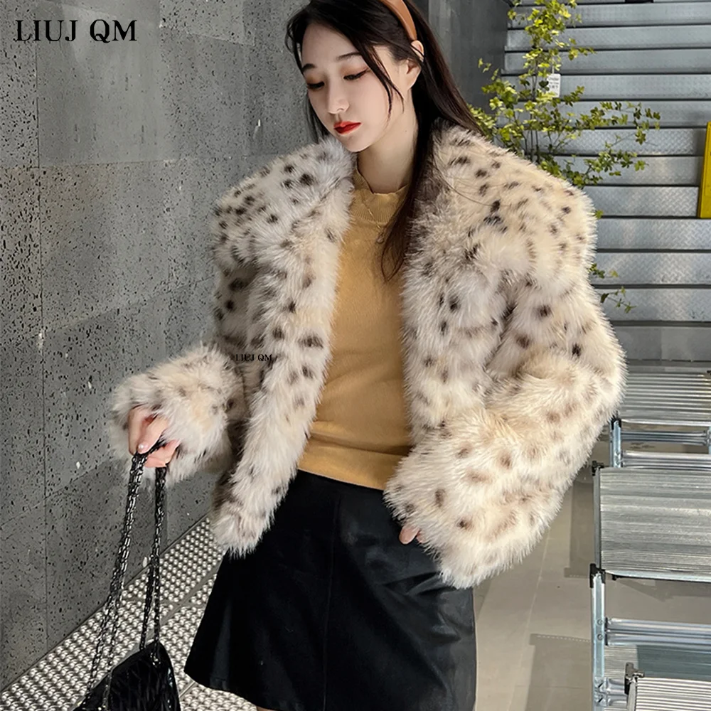 Leopard Fur Jacket Winter Clothes Women Short Faux-Fox Fur Coats Korea Lapel Casual Outwear Female Thick Warm Plush Overcoat