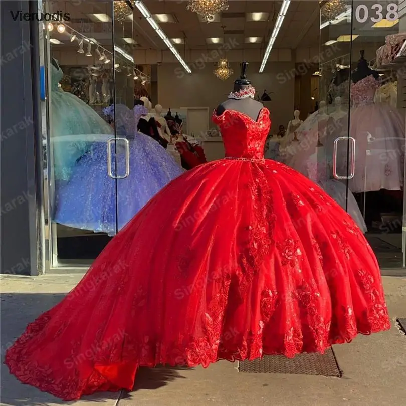 2021 Vestidos de quinceañera rojos con hombros descubiertos, apliques de flores, vestido de baile, Boutique nupcial, corsé con cordones, dulce 15 16 vestidos XV